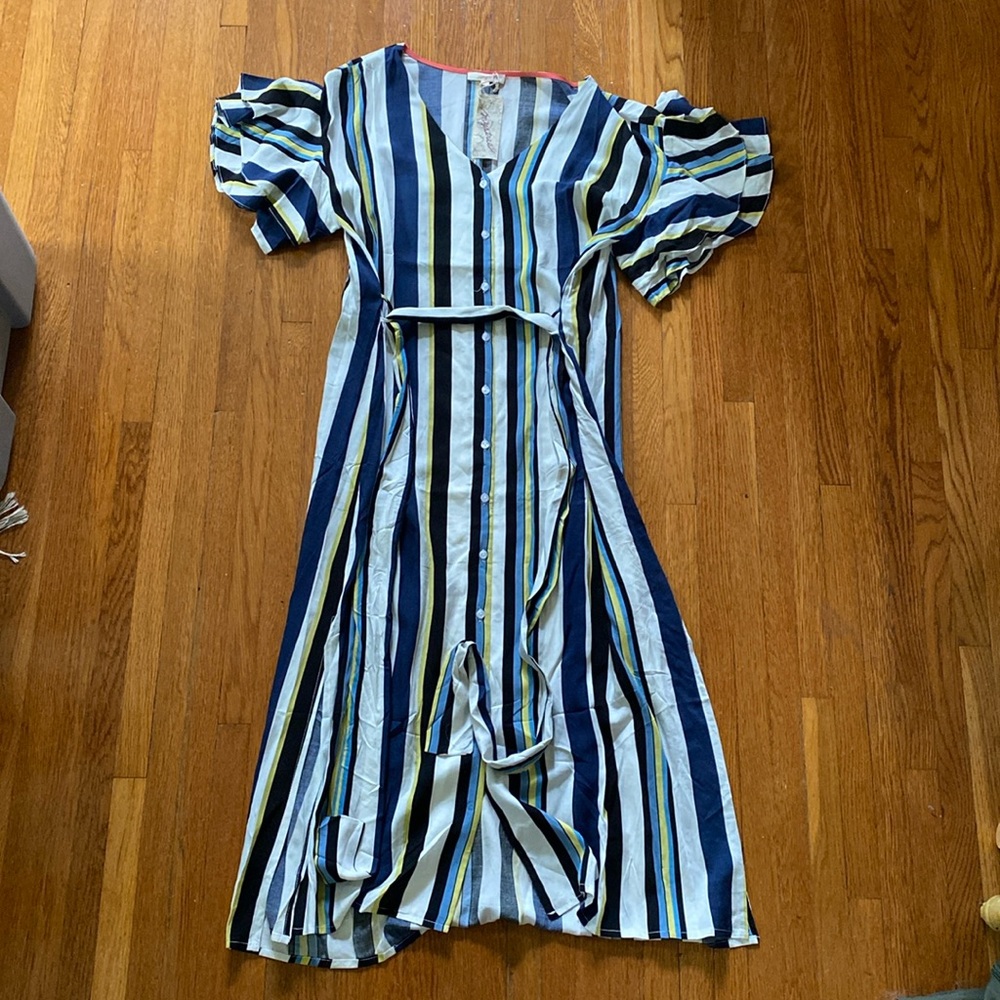 NWT Mystree Blue and Yellow Striped Midi Dress